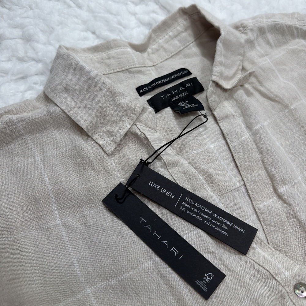 Tahari Womens 100% Linen Beige Button Down Tunic Resort Large Office Casual New!